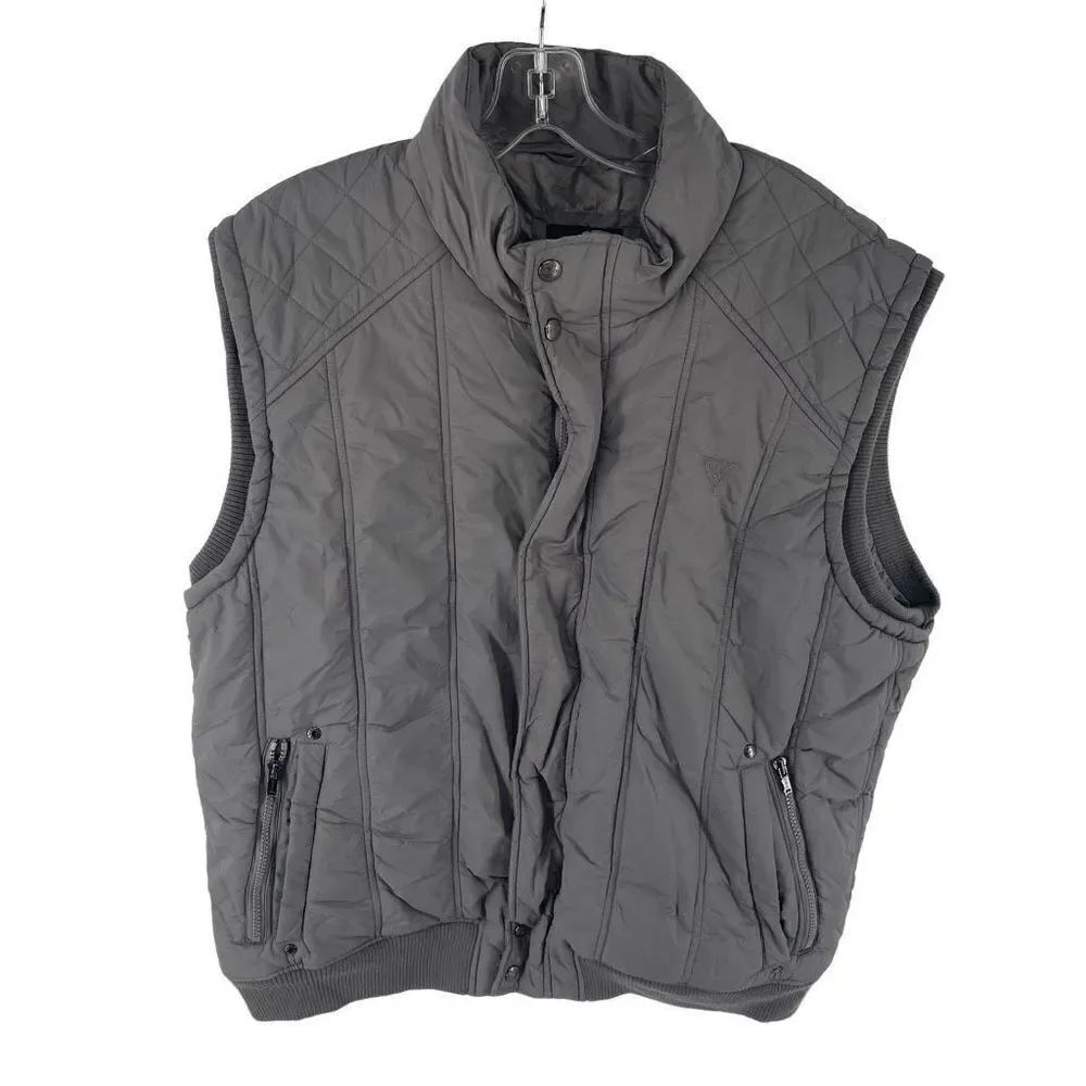 Guess Men's Puffer Vest Full Zip Snap Pocket Lined Ribbed Trim Gray Size XXL
